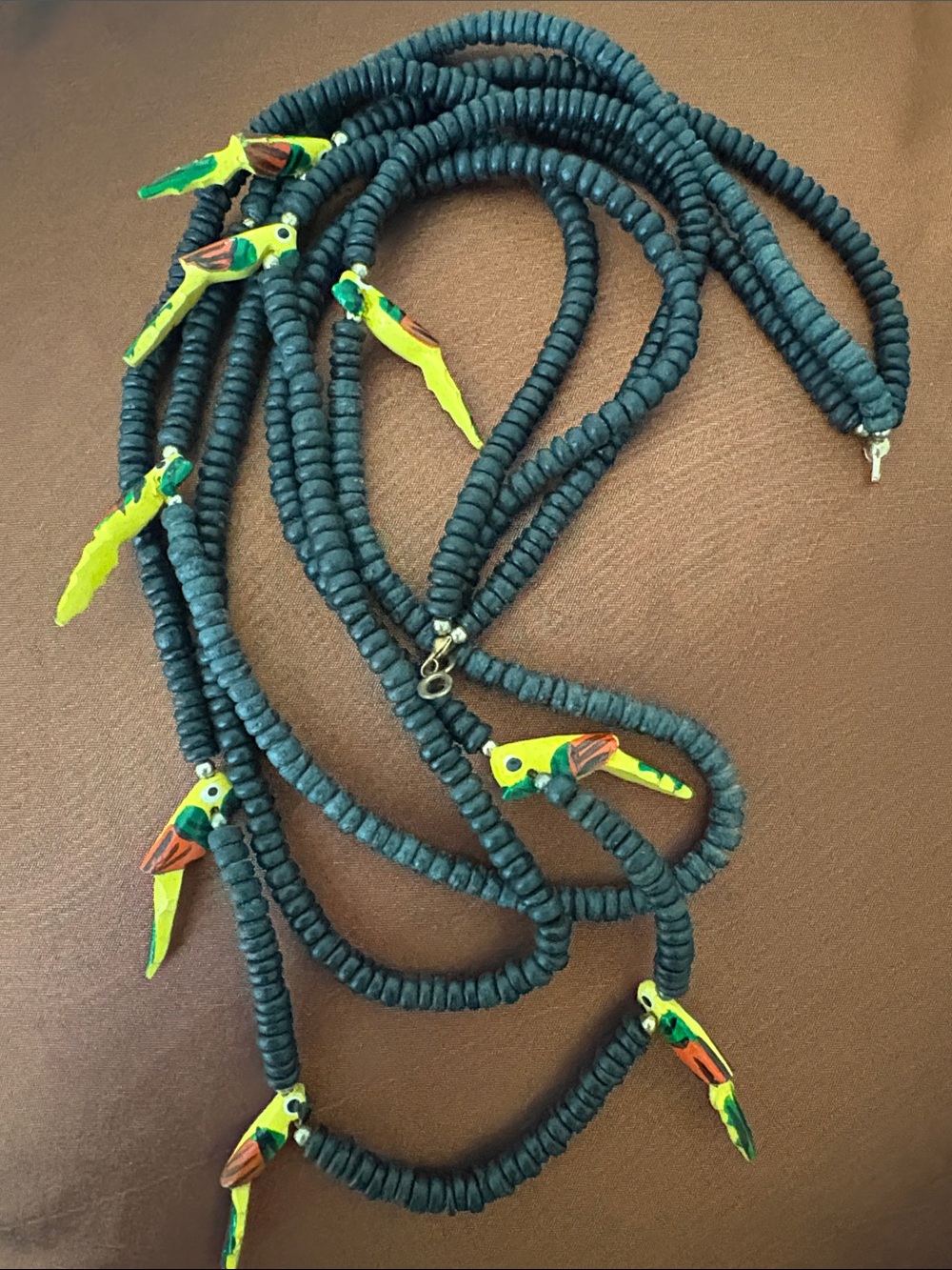 VTG Black Beaded  Wooden Parrot Accent Necklace - handcrafted 70s
